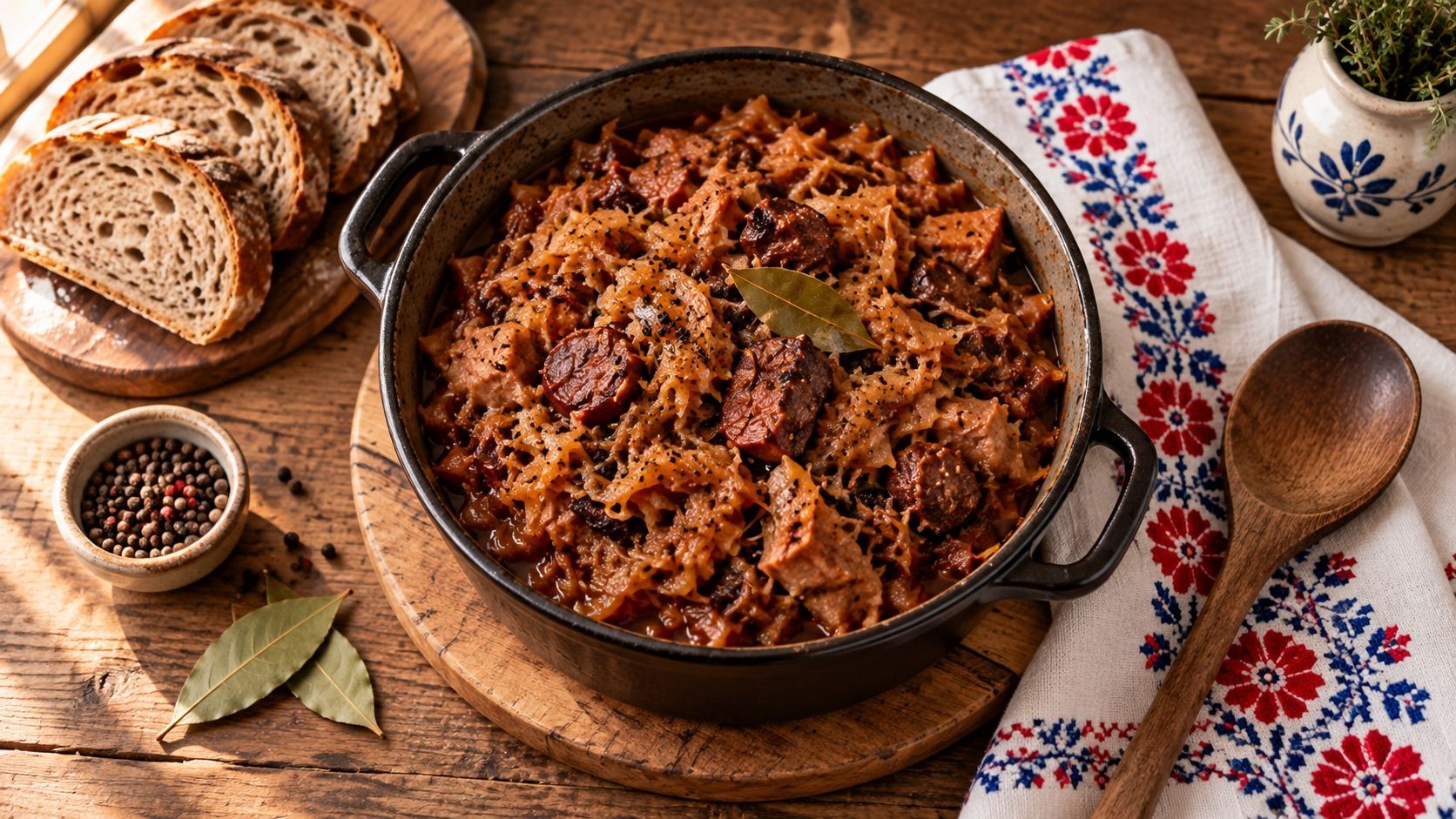 A cast-iron pot of bigos with sausage, bay leaf and sauerkraut on a wooden board, next to rye bread and an embroidered folk cloth