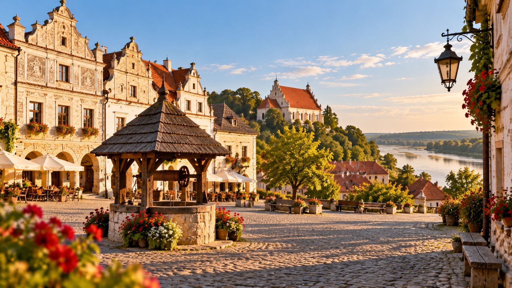 The market square in Kazimierz Dolny with its wooden well and Renaissance tenement houses, the Vistula river in the distance