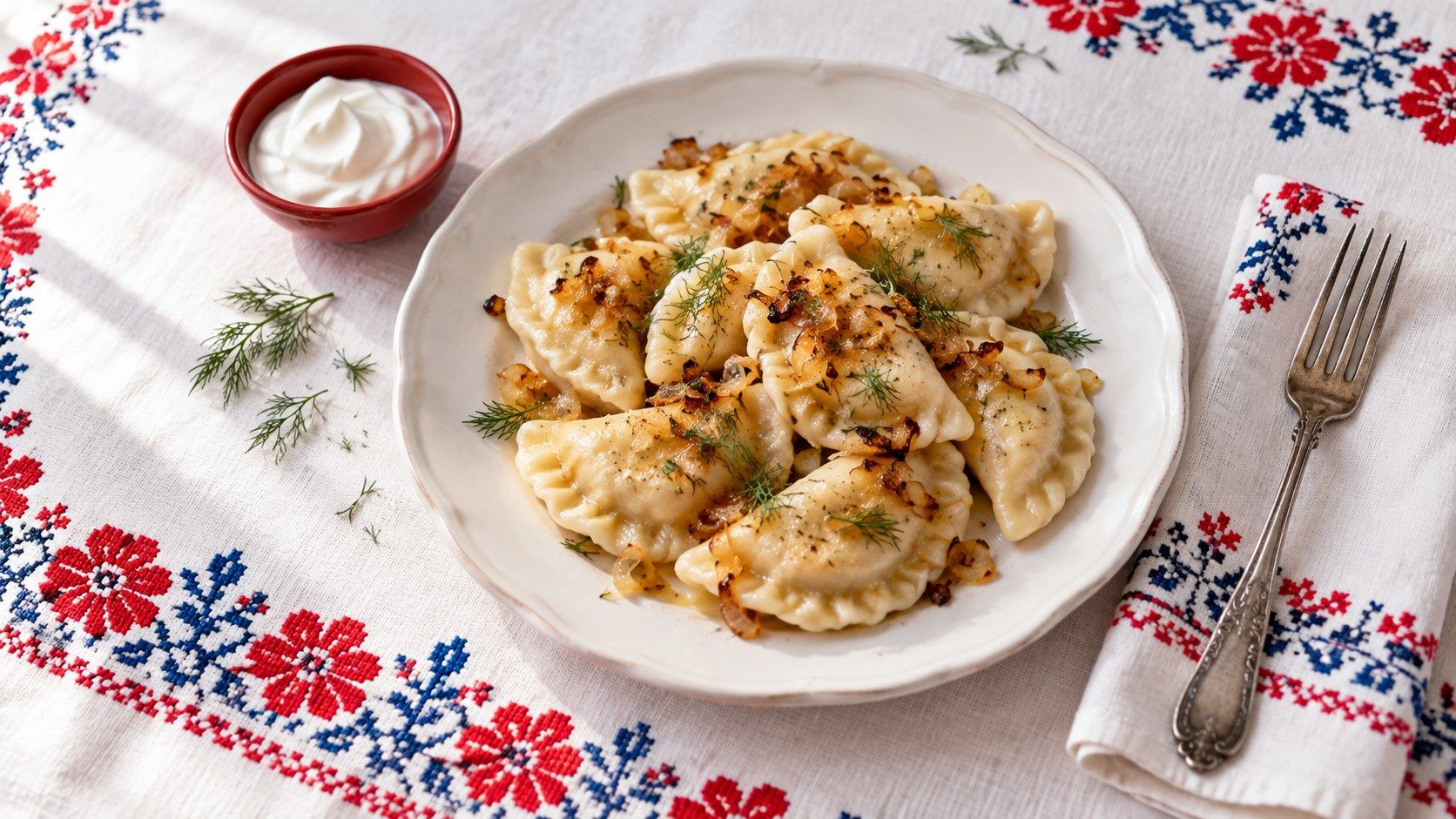 Pierogi ruskie on an embroidered folk tablecloth