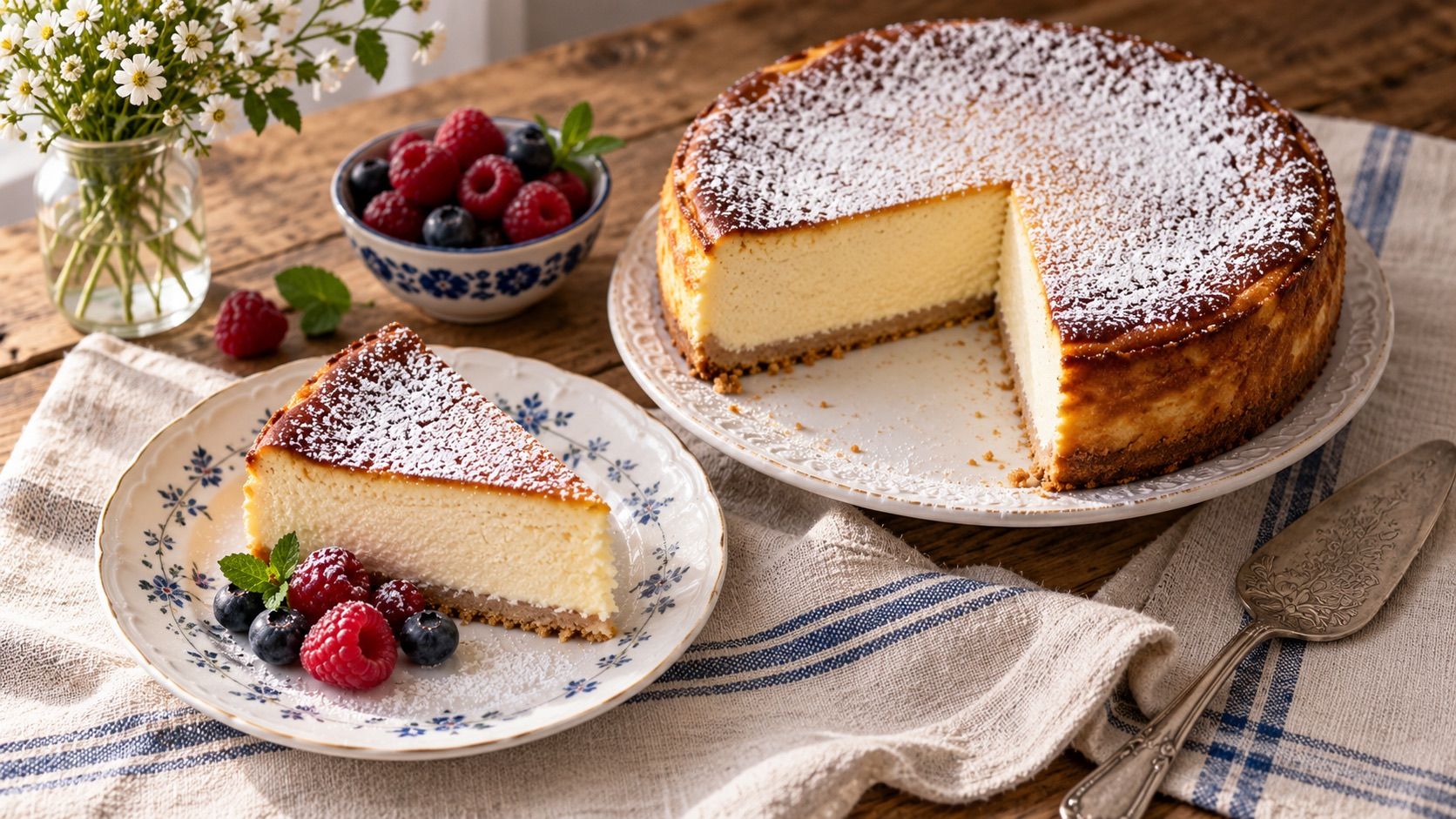 A slice of sernik with raspberries and blueberries on a blue-flowered plate, the whole cheesecake dusted with icing sugar behind it