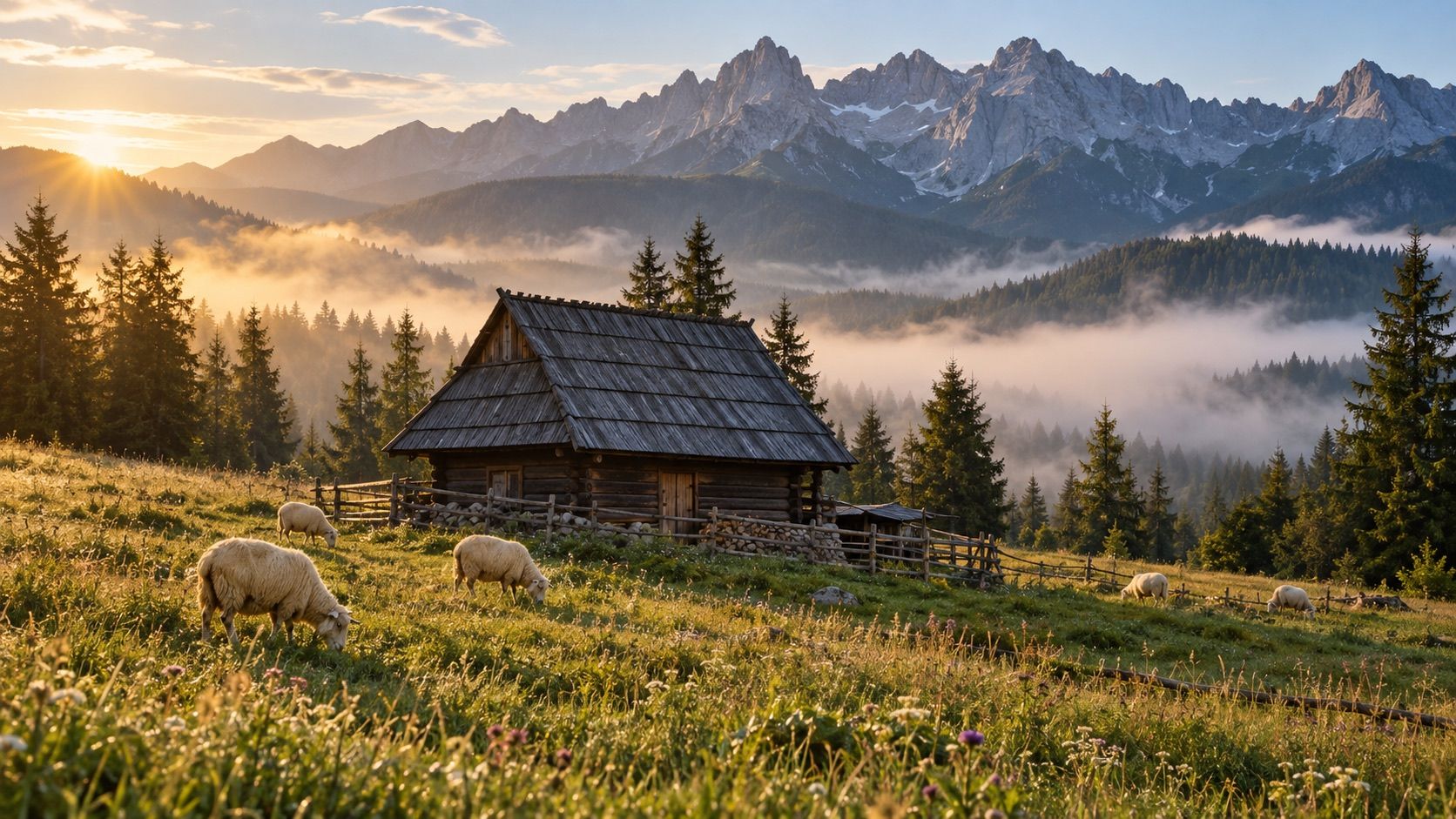 A wooden shepherd’s hut on a misty mountain meadow with grazing sheep, the Tatra peaks lit by the morning sun behind