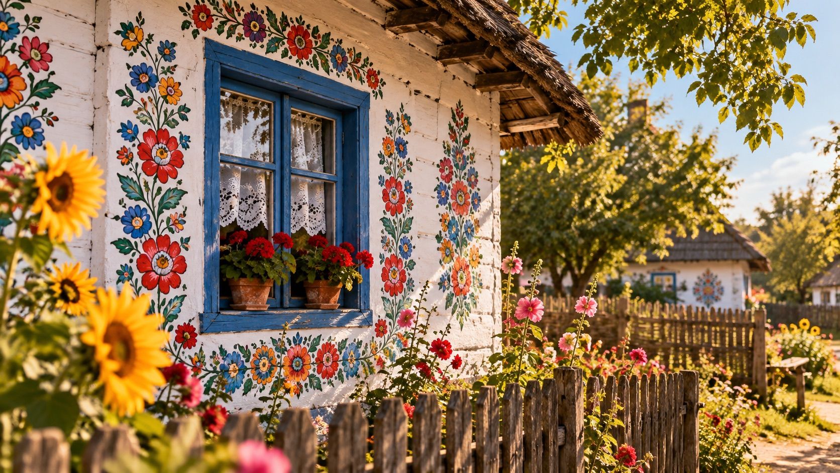 A whitewashed cottage in Zalipie, its wall and blue window frame painted with colourful folk flowers, sunflowers and hollyhocks in front