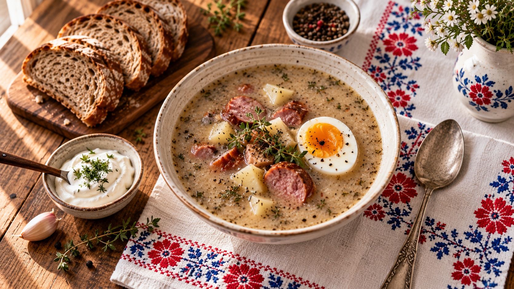 A bowl of żurek with sausage, potato and a halved egg on an embroidered Polish folk cloth, with rye bread and sour cream